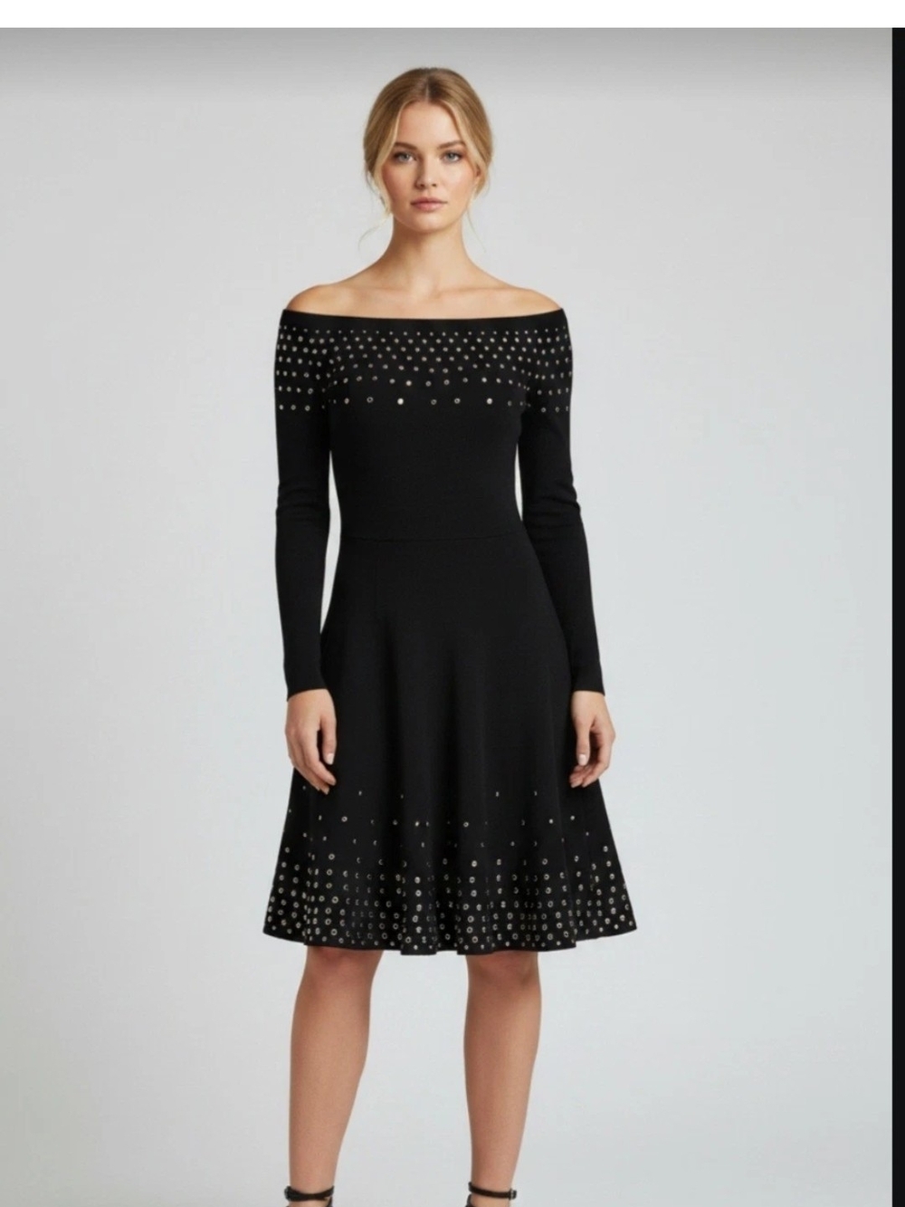 Marciano Black Off-Shoulder Studded Fit-and-Flare Dress Size M Heavy Tailored
